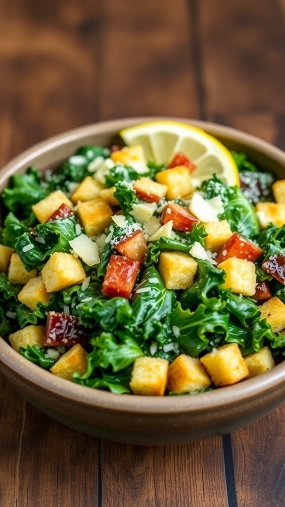 A fresh Kale Caesar Salad with croutons and Parmesan cheese, garnished with lemon wedges.